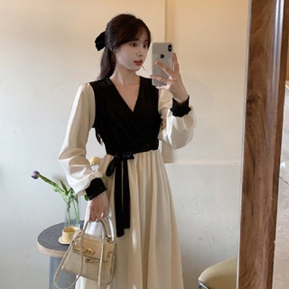 💜M-3XL เดรสฝรั่งเศสพลัสไซส์ สไตล์กระโหลก ชุดเดรสแอปริคอทแขนยาว/สีน้ำเงิน/สีกากี เดรสยาวคอวีสีตัดกันผูกโบว์