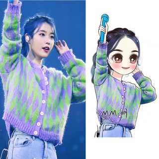 Li Zhien iu เดียวกันสีเขียวสีม่วงเพชรตาข่าย retro เสื้อกันหนาวหญิง 2021 ใหม่ลายสก๊อตด้านนอกถักเสื้อสเวตเตอร์ถัก