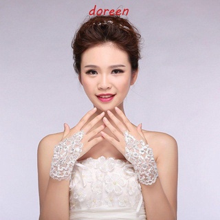 Doreen ถุงมือผู้หญิง 1 คู่ เจ้าสาว ลูกไม้ งาช้าง หรูหรา พลอยเทียม ถุงมือ ไร้นิ้ว