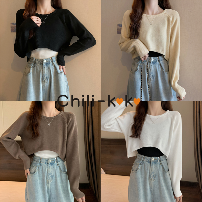 KOKO 9572 เสื้อกันหนาวไหมพรมแขนยาว คอกลม ตัวสั่น โชว์เอว ผ้าไหมพรมชักร่องแต่งลายในตัว
