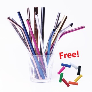 ชุดหลอดสแตนเลสแท้ 215x 8mm ฟรี! ถุงผ้าใส่หลอด &amp; ซิลิโคนหุ้มปลายหลอด || Metal Straw Set Free! Straw Pouch &amp; Silicone Tips