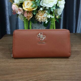 🐩GUESS FACTORY WOMENS LONG WALLET 2018 🍒กระเป๋าสตางค์ทรงยาวซิปรอบ วัสดุหนังนิ่ม สีน้ำตาล-อะไหล่ทอง