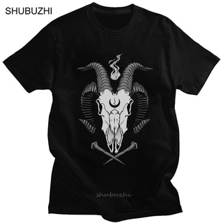 เสือยืดผู้ชาย - เสื้อยืด Baphomet สําหรับผู้ชายผ้าฝ้ายบริสุทธิ์เสื้อยืดที่น่ากลัวลูกเรือคอแขนสั้นซา