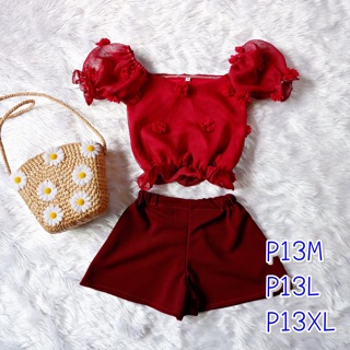 ชุด 2 ชิ้น เสื้อครอปแขนตุ๊กตา+กางเกงผ้าวูลเวฟ
