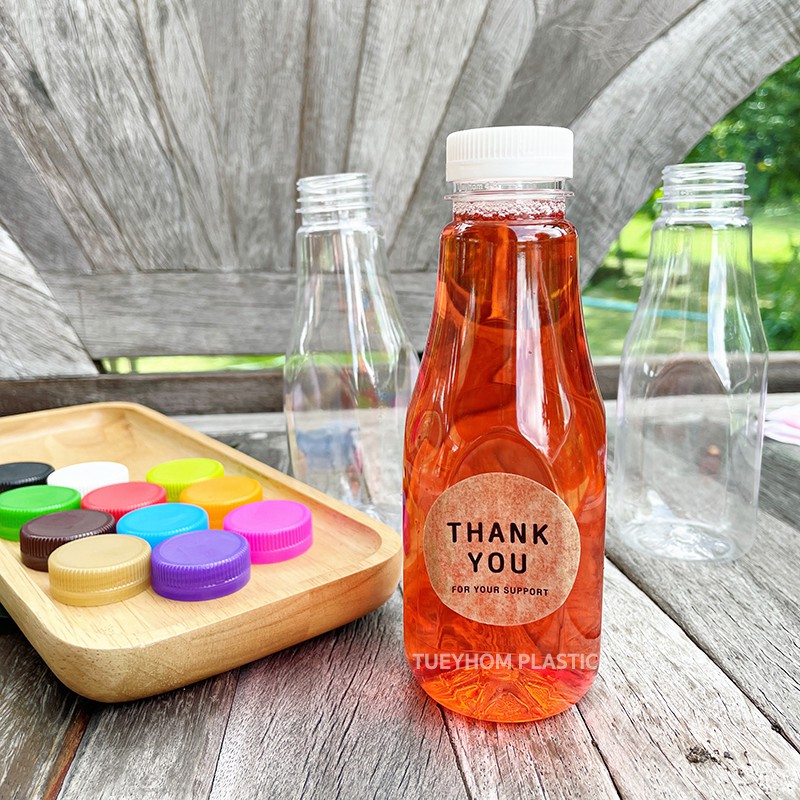 (แพ็ค 80 ใบ) ขวดพลาสติกPET ใส ขวดน้ำผลไม้ ขนาด 250ml (ทรงกลมตัด โบวลิ่ง) พร้อมฝา