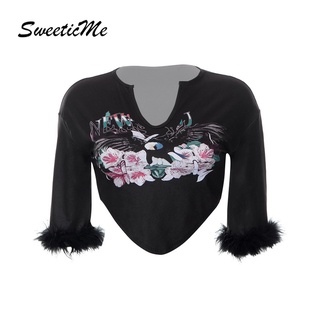 Sweeticme ใหม่ เสื้อยืดลําลอง แขนยาว คอวี ทรงสลิมฟิต พิมพ์ลาย เซ็กซี่ แฟชั่นสําหรับสตรี 2022