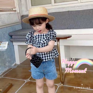ลายสก๊อตแขนสั้นเด็กๆผู้หญิง เสื้อเชิ้ตเอวลอยแขนสั้นเด็กผู้หญิง เกาหลีแฟชั่น small girl blouse （1-6year）tops