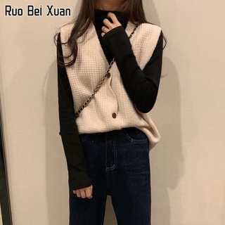 RUO BEI XUAN เสื้อกั๊กผู้หญิงถัก 2022 ฤดูใบไม้ร่วงและฤดูหนาวใหม่ทั้งหมดตรงกับคอวีหลวมเสื้อกันหนาวเสื้อสเวตเตอร์ถักแขนกุด