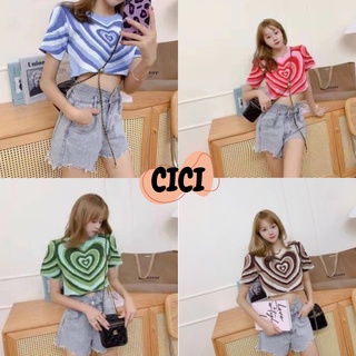 Cici(NO.A787)เสื้อครอปไหมพรมแขนสั้น ทอลายหัวใจสุดฮิตสีคัลเลอร์ฟูล ใส่แมตช์เริ่ดทุกลุค