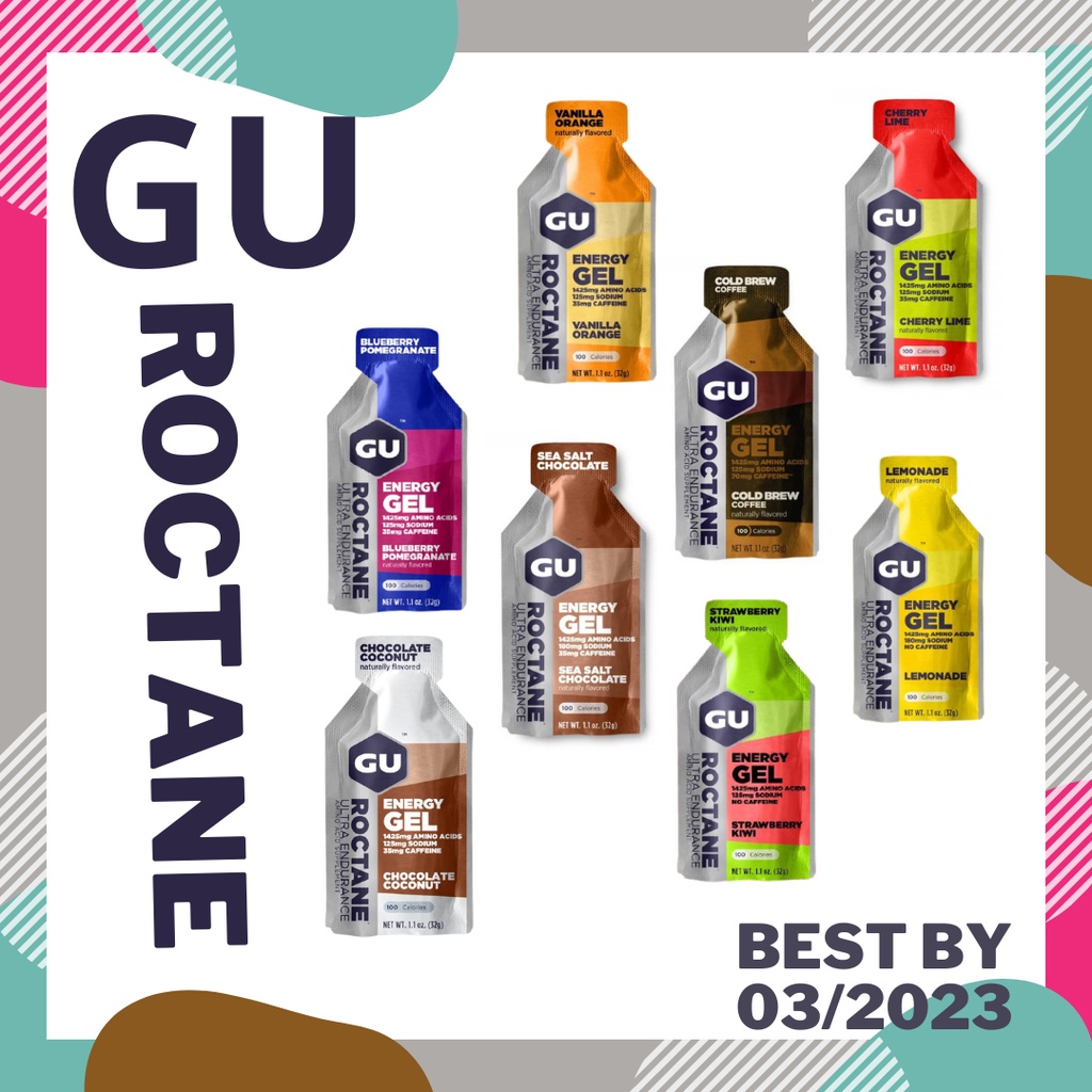 GU Roctane Gel new best by 10/2025 เจลให้พลังงาน สำหรับออกกำลังกาย หลายรสชาติ