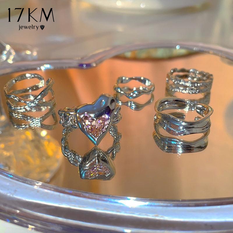 17KM Y2K หวาน เย็น สีชมพู คริสตัล สีเงิน ชุดแหวน สําหรับผู้หญิง กระดานหมากรุก หั