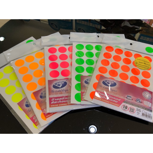 CODING FLUORESCENT LABEL STICKER ป้ายสติ๊กเกอร์กระดาษสีสะท้อนแสง วงกลม (แพ๊ค 10 แผ่น) BOS