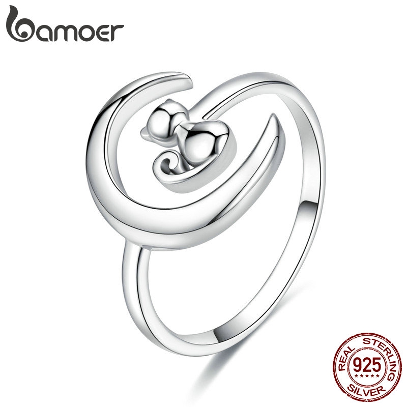 BAMOER 925 Silver Fashion Rings Moon Cat SCR451