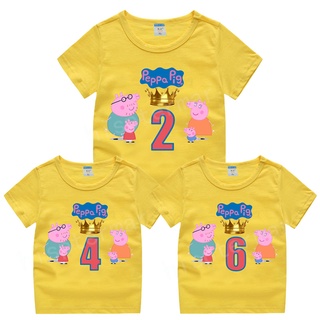 เสื้อยืดแขนสั้น พิมพ์ลาย Peppa Pig สีเหลือง แฟชั่นฤดูร้อน สําหรับเด็กผู้ชาย และเด็กผู้หญิง