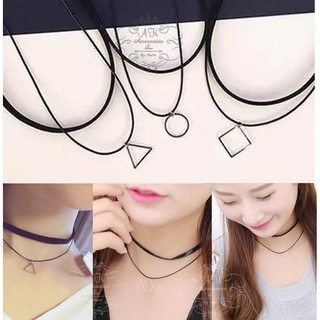 โชคเกอร์ Choker 2ระดับ แต่งสร้อยโซ่+จี้เลขาคณิต มีให้เลือก 3แบบ