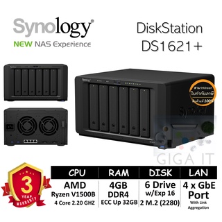 Synology NAS DiskStation รุ่น DS1621+ (HDD 6 Bay w/Exp 16 Drive + 2 M.2, Quad Core 2.2 GHz, 4GB DDR4, 4 GbE) ประกัน 3 ปี