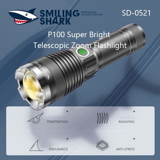 SmilingShark SD-0521 ไฟฉาย LEDไฟฉายชาร์จไฟ  XHP100 ไฟฉายแรงสูง 7000 ลูเมน ซุปเปอร์ไบร์ท 26650 TYPE-C ซูมได้ ซูมได้ กันน้ำ กลางแจ้ง วัสดุโลหะ แข็งแรง ทนทาน การปีนเขา ตระเวนผจญภัย เดินป่า ตกปลา ไฟฉาย SOS ฉุกเฉิน อายุการใช้งานแบตเตอรี่ยาวนาน