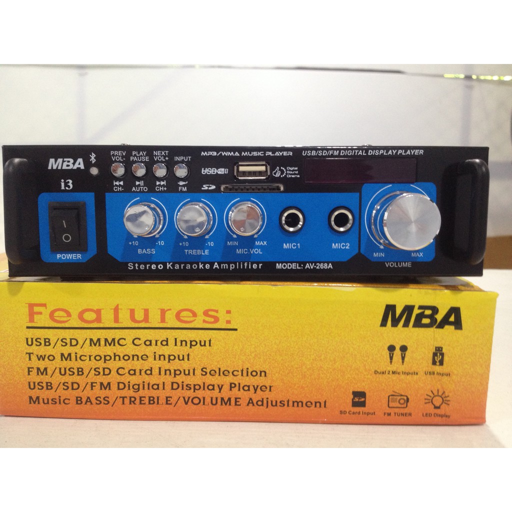 เครื่องขยายเสียง Power Integrated Amplifier MBA AV-268A i3 stereo Karaoke Amplifier USB SD card FM Radio 2 Mic input