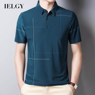 Ielgy เสื้อโปโลแขนสั้น ผ้าเรยอน พิมพ์ลาย สไตล์สปอร์ต สําหรับผู้ชาย