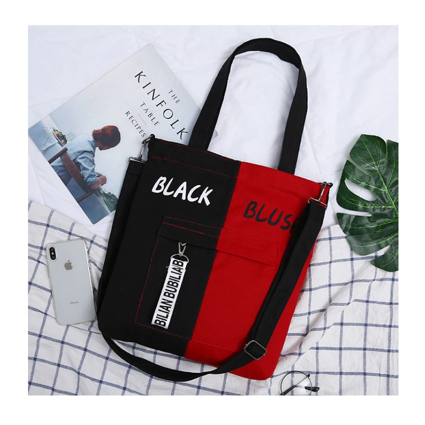 กระเป๋าผ้าyellow black white red blueสไตล์เกาหลี กระเป๋าผ้า  สะพายไหล่ สะพายข้าง รุ่นมีซิปปิด