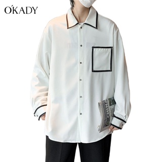 OKADY เสื้อเชิ้ตลายตารางสีผู้ชายเสื้อเชิ้ตแขนยาวหลวมสบาย ๆ อเนกประสงค์