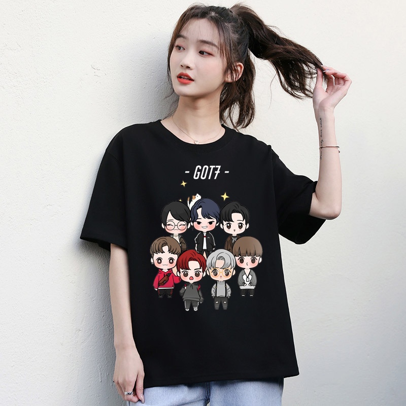 เสื้อยืดแขนสั้น พิมพ์ลายกราฟฟิค Got 7 สีดํา แฟชั่นฤดูร้อน สไตล์เกาหลี สําหรับผู้หญิง
