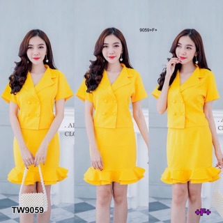 เสื้อแขนสั้นปกสูท+กระโปรงระบาย TW9059