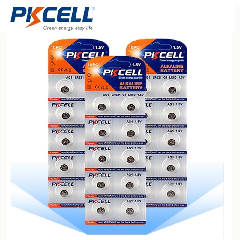 PKCELL 30Pcs/3PK AG1 Button Cell coin Batteries Alkaline Battery 1.5V LR621 SR621 164  LR621W CX60 3