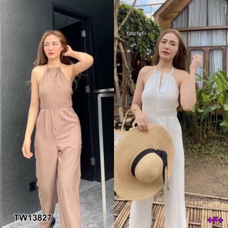 Jumpsuit  จั้มสูทสายเดี่ยวคล้องคอขายาว  มียางสม็อคหลัง กางเกงขากระบอกทรงสวย AP13827