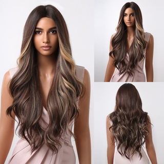 Long Brown Ombre Synthetic Wig for Black Women Super Long Wavy Wigs Cosplay Water Wave Wig Heat Resistant