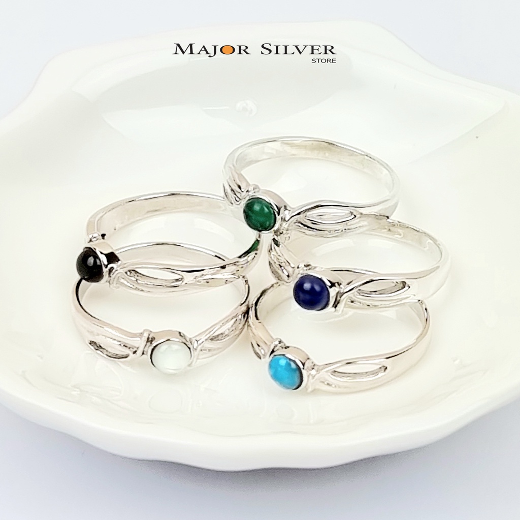 แหวนติดหินแท้ หัวกลม4มิล : เทอควอยซ์ นิล มุก หินแท้ แหวนเงินแท้925 Major silver : E-V-3StrR4-Sto