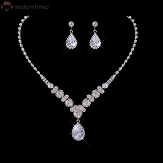 ชุดเครื่องประดับ สร้อยคอ ต่างหู ห้อยจี้เพทาย แต่งกลิตเตอร์ สีเงิน เหมาะกับของขวัญ สําหรับเจ้าสาว