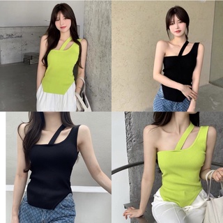 💚🖤เสื้อครอป ไหมพรม ไหล่เดียว เว้าเอว โชว์หลัง มี2สี เขียว-ดำ 01SEP21