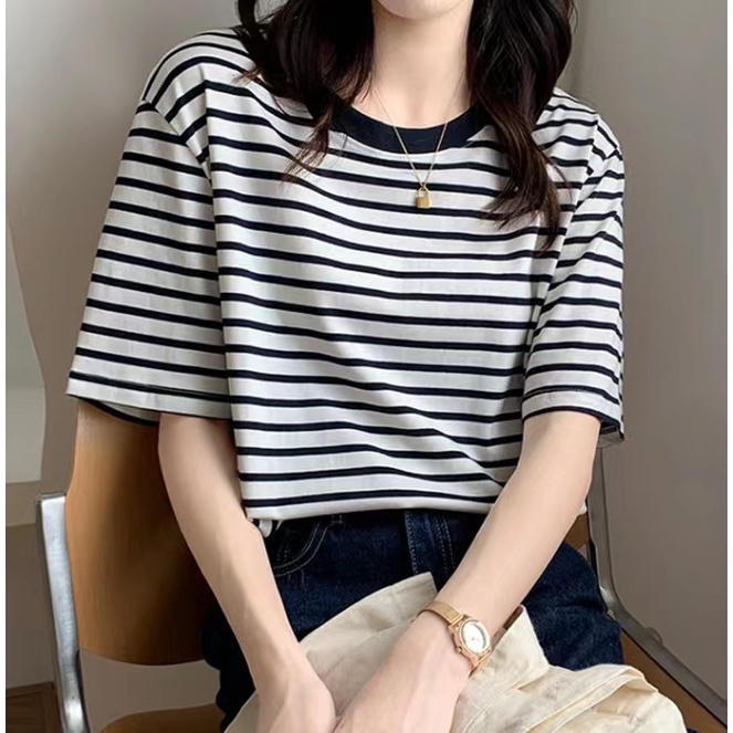 Retro green striped short-sleeved T-shirt women's loose casual thin round neck bottoming shirt top buy one get one free #4