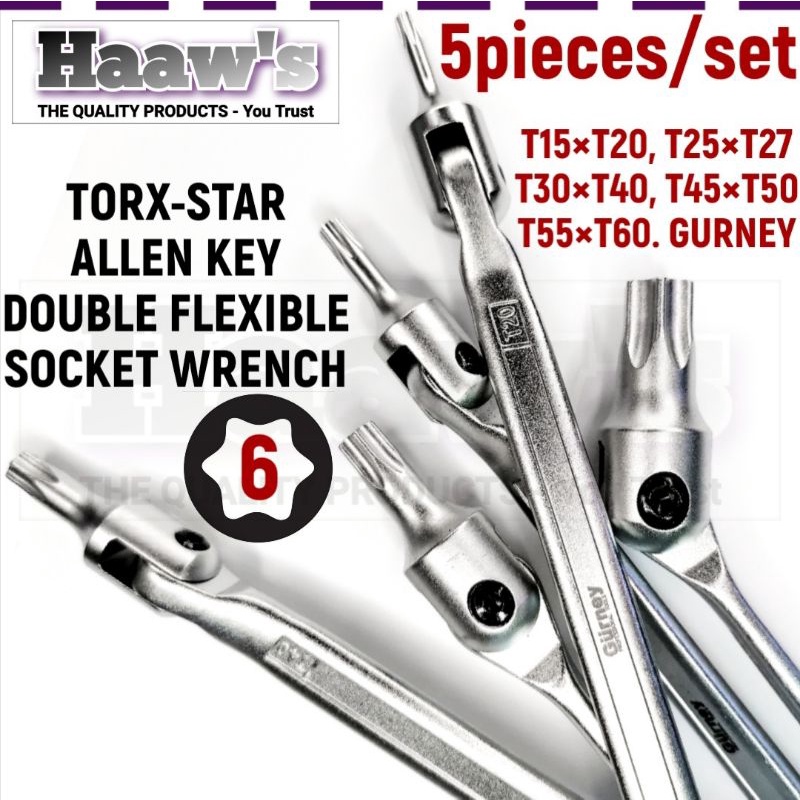 T15xt20, T25xT27, T30xT40, T45xT50, T55xT60 - 5PC TORX-STAR DOUBLE FLEXIBLE SOCKET WRENCH - กล่องกุญ