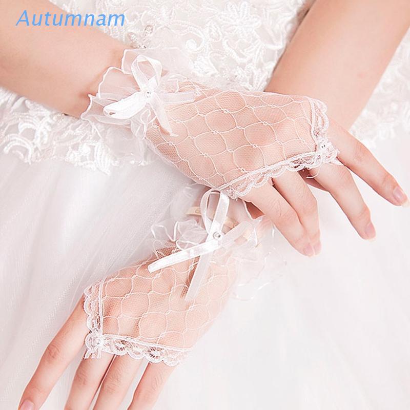 Autu ถุงมือผ้าลูกไม้แต่งโบว์ไม่มีนิ้วสําหรับเจ้าสาว
