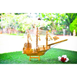 [OTOP] เรือสำเภาทองไม้สักลงสีเงาใบเงินทอง (พร้อมส่ง)