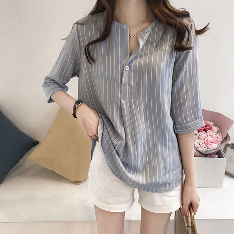 สื้อผ้าแฟชั่นผู้หญิง เสื้อเชิ๊ต ทรงหลวม ลายเส้น สไตล์เกาหลี OVERSIZE