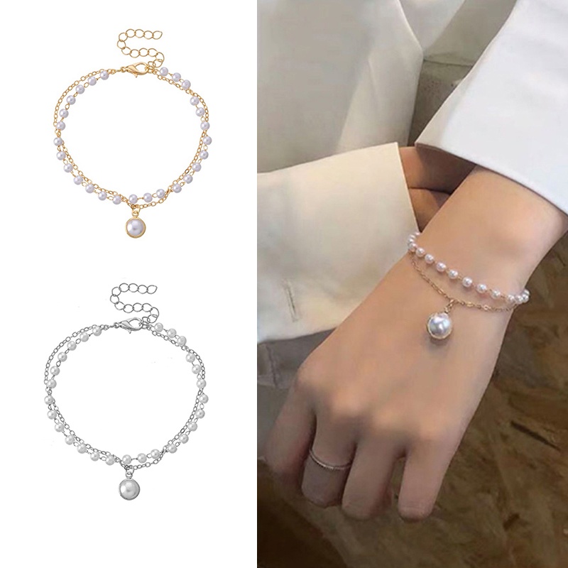 สร้อยข้อมือ ประดับจี้ไข่มุก แบบเรียบง่าย มีหลายชั้น