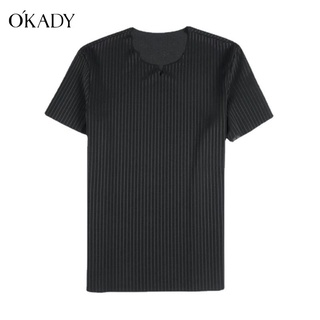 OKADY เสื้อยืด แฟชั่นผู้ชายฤดูร้อนใหม่แขนสั้นเสื้อยืดสีทึบบางลายลำลองแขนสั้น เสื้อยืดผู้ชาย