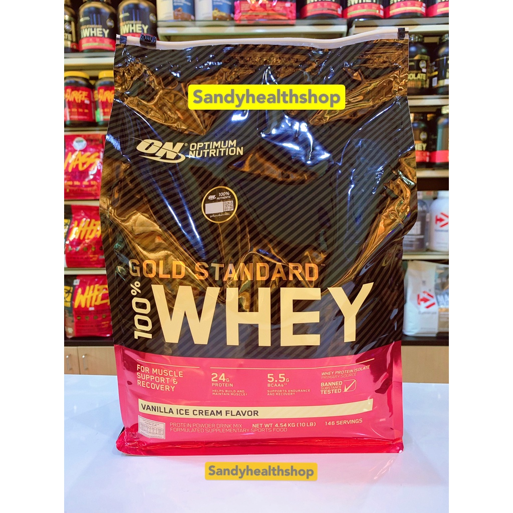 Optimum Gold Standard Whey Protein 10Lbs. เวย์โปรตีน เพิ่มกล้ามเนื้อ ไขมันต่ำ ไม่หวาน 4.27กิโลกรัม