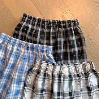 🚀ถูกที่สุด 30สี กางเกงลายสก็อต สไตล์เกาหลี ผู้หญิงเอวสูงยางยืด โอเวอร์ไซต์ทรงกระบอก #355