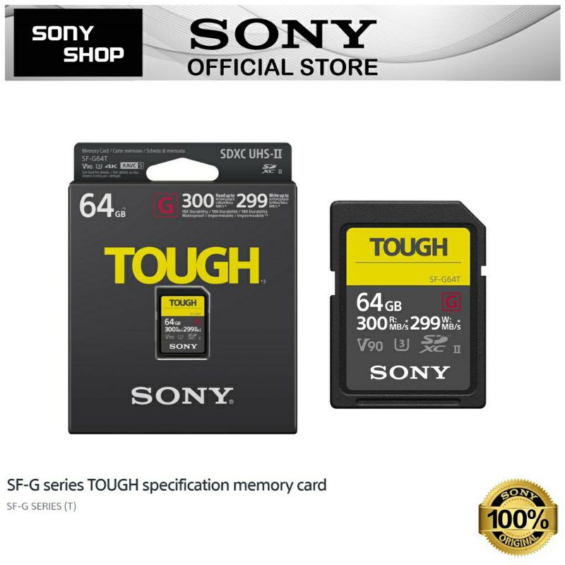 Sony Tarjeta de Memoria Digital SDHC de 64 GB SF-G especificación Tough UHS-II U3 V90 Lectura de 300 MB/s y Escritura 299 MB/s SF-G64T 