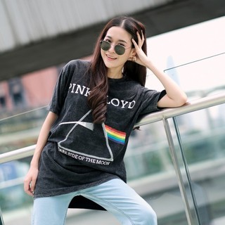 【Hot】เสื้อยืดผ้าฟอก PINK FLOYD สีดำ แขนสั้น OVERSIZE (ยืดฟอก/พิงฟอยสามเหลี่ยม)