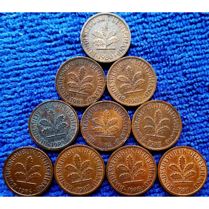 เหรียญ​เยอรมัน​ Germany, 1 Pfennig, เรียง​ปี​ 1980​ -​ 1989, รวม​ 10​ เหรียญ​ 50 บาท, #​653L, ใช้แล้ว