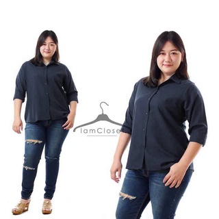 T6801 **พร้อมส่ง** Size รอบอก 44, 48, 52 นิ้ว เสื้อเชิ้ตแขนยาวสีดำ ไซส์ใหญ่ สาวอวบอ้วน