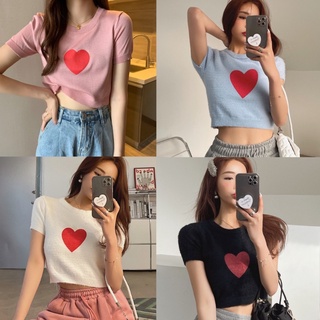 SALE พร้อมส่ง เสื้อครอปขนมิ้ง ลายหัวใจ เสื้อยืด เสื้อไหมพรม เสื้อครอปวัยรุ่น หลากสี