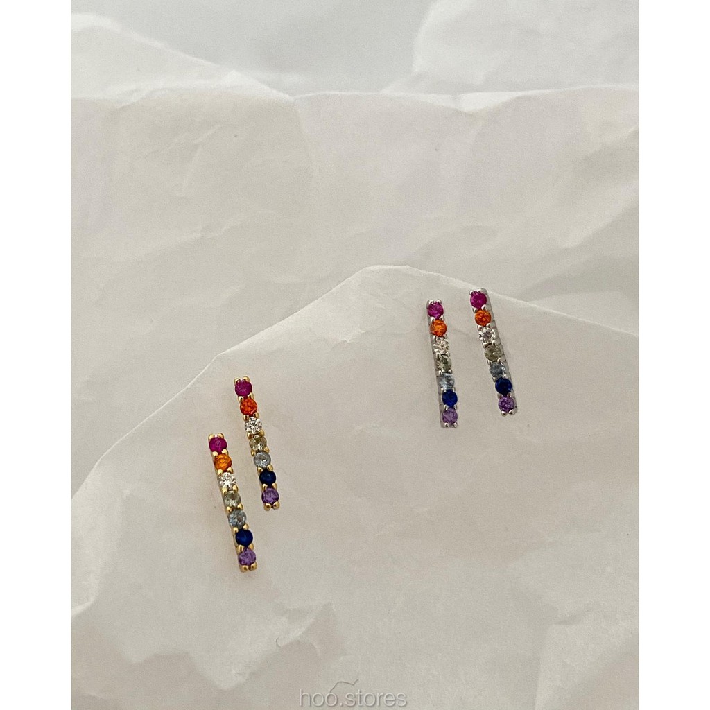 (Silver 925) hoo.stores Rainbow Bar Stud ต่างหูแป้นเงินแท้ s925 ต่างหูติดหูประดับเพชร cz หลายสี