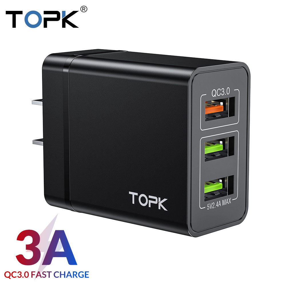 TOPK Quick Charge QC3.0 Fast Charging 3-Port US Charger for Samsung Xiaomi