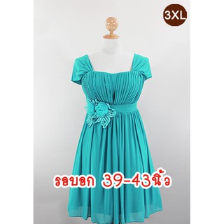 E1136-4-3XL-ชุดราตรีคนอ้วน สีเขียวเทอร์ควอยซ์ ประดับดอกไม้ลูกไม้ใต้อก ผ้าสแปนเด็กซ์ตาข่ายยืดเนื้อนิ่มมาก